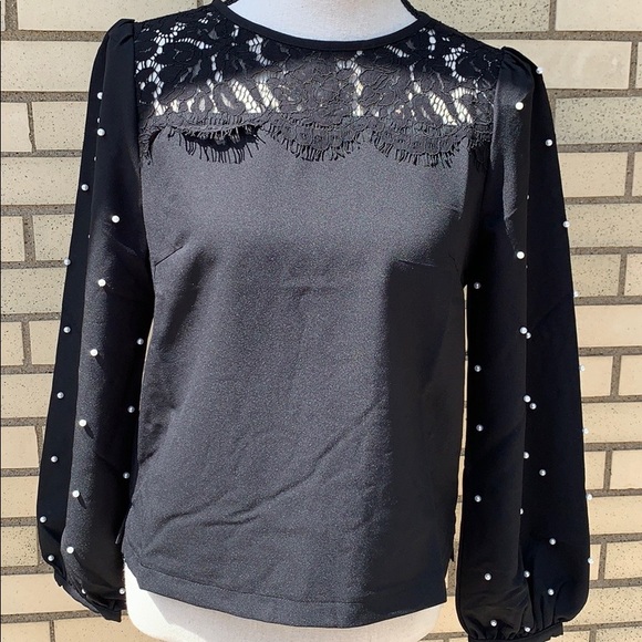 ❌DONATED❌Black Jewel Neckline Long Sleeve Pearl Lace Detail Top - Picture 3 of 9